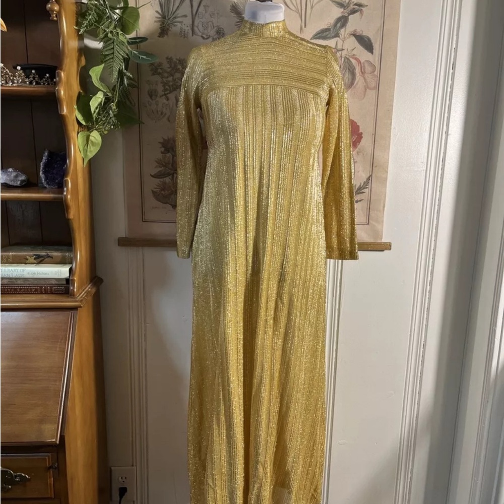 VTG 60s 70s gold lame empire evening dress | Loll Ease